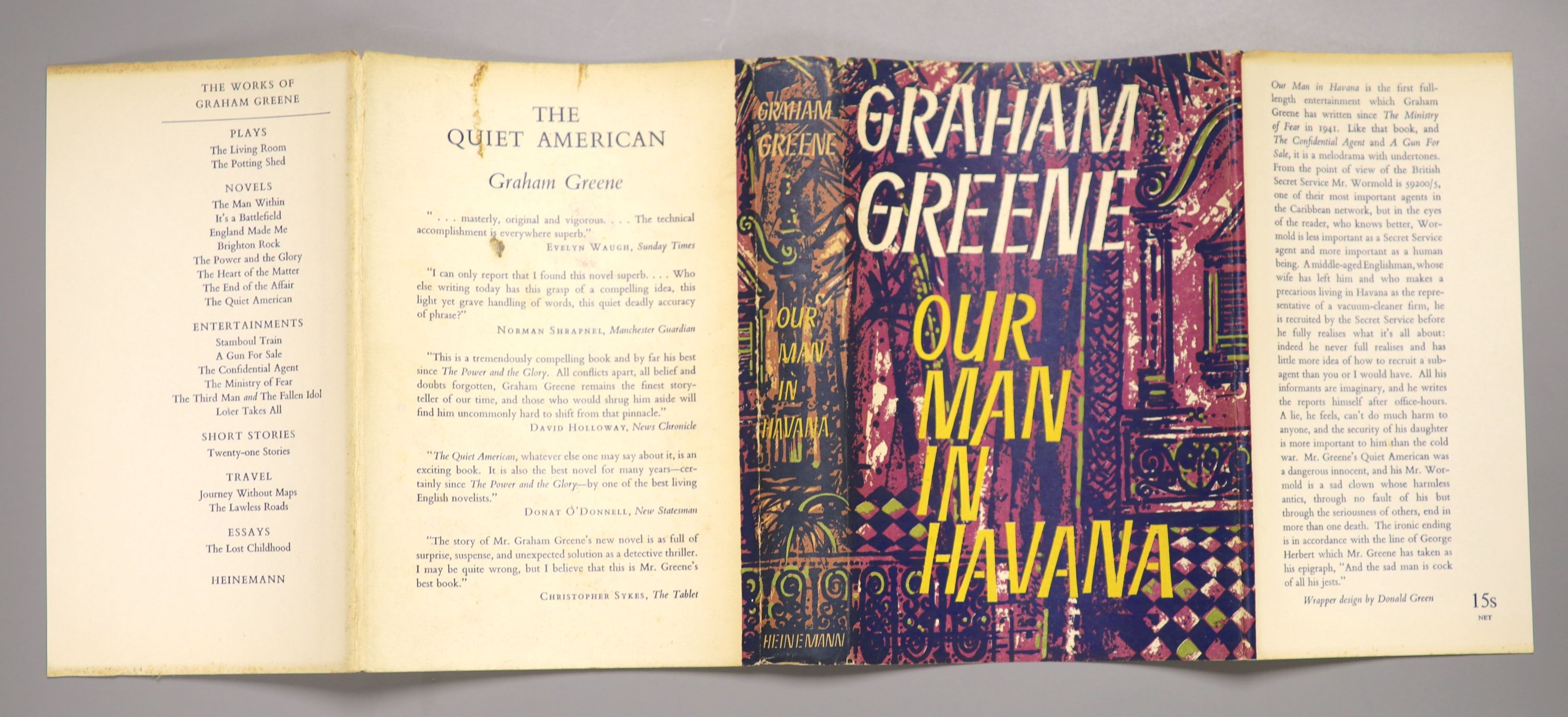 Greene, Graham - Our Man in Havana, 1st edition, in original blue cloth with unclipped d/j, soiled on rear panel, William Heinemann, London, 1958